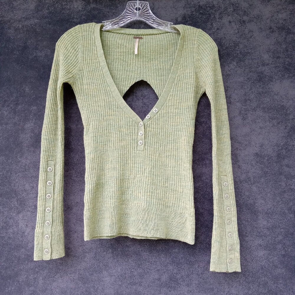 FREE PEOPLE Open Back Trendy Modern‎ Bohemian Ribbed Sage Sweater Fall Sz.S